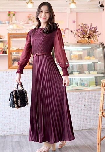Pierre Solid Pleated Long Dress - Burgundy